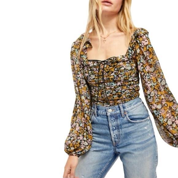 Free People Medium Mabel Balloon Sleeve Ruched Cropped Top Peasant Blouse Floral - Picture 15 of 15